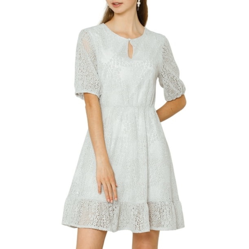 Allegra K Women's Lace Floral Elegant Keyhole Tie Waist a-Line Dress M